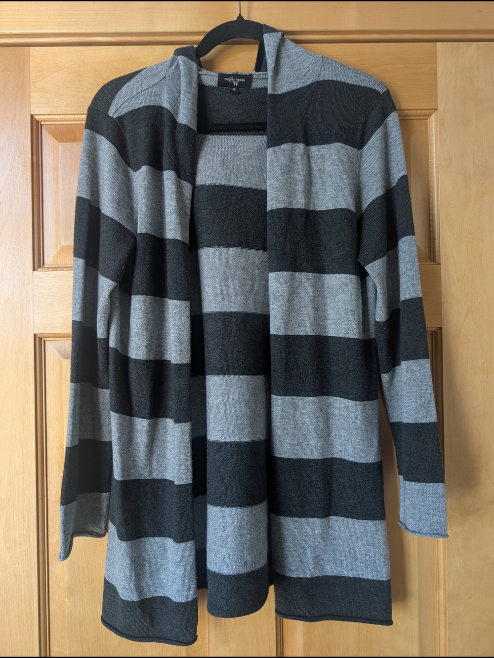 Open-Front Striped Cardigan With Hood in Gray/Black Wool Blend